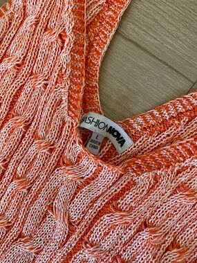 Fashion Nova Coral-White Knit V-Neck Sweater Dress